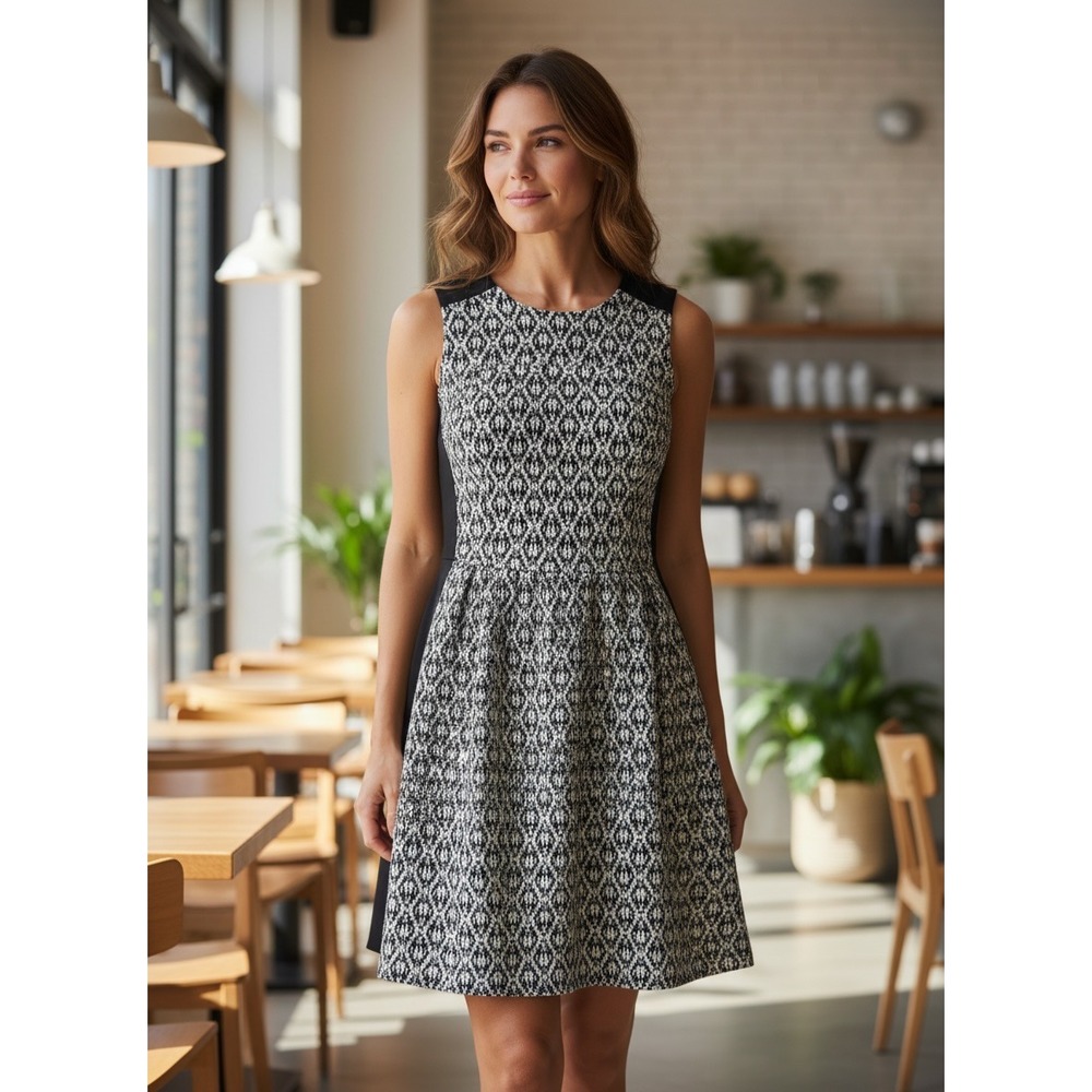 Madewell Womens XS Black White Geometric Jacquard Fit Flare Sleeveless Dress